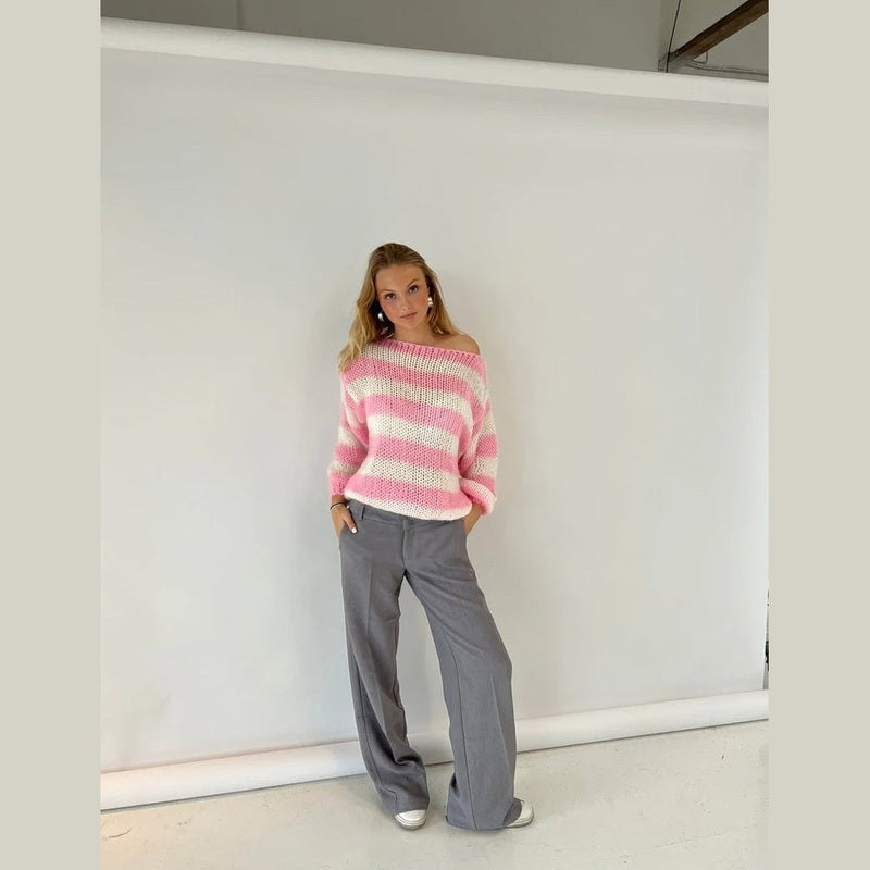 Strik Trøjer Dame Stribet Oversized, Rund Hals i Lys Rosa, produktbillede