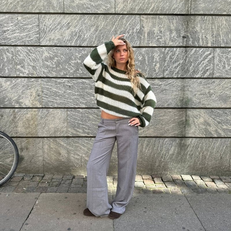 Strik Trøjer Dame Stribet Oversized, Rund Hals i Khaki, produktbillede