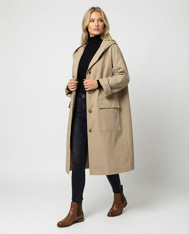 Trenchcoat Dame Vandtæt med Hætte og Knapper i Beige, produktbillede