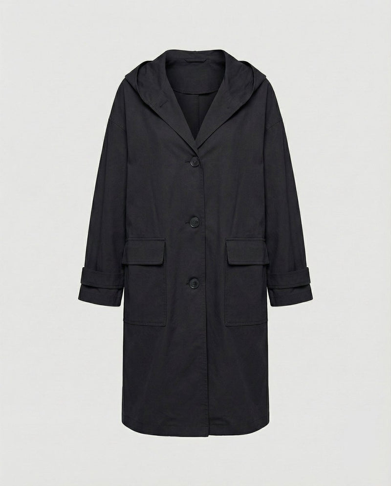 Trenchcoat Dame Vandtæt med Hætte og Knapper i Sort, produktbillede