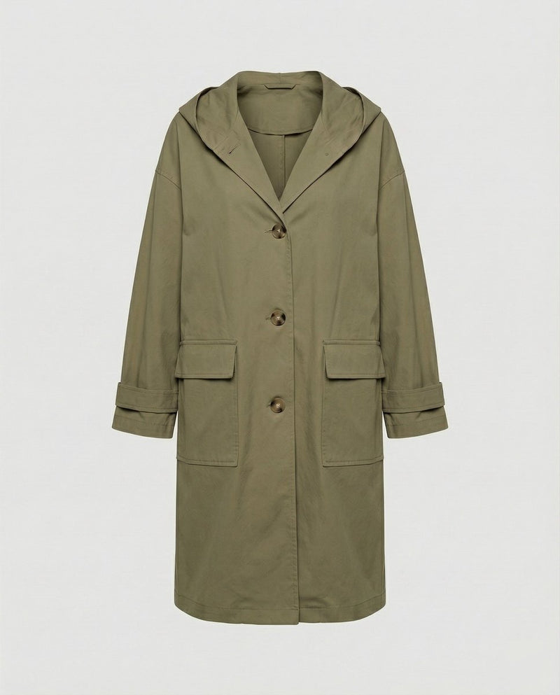 Trenchcoat Dame Vandtæt med Hætte og Knapper i Grøn, produktbillede