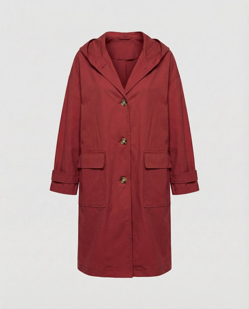 Trenchcoat Dame Vandtæt med Hætte og Knapper i Rød, produktbillede