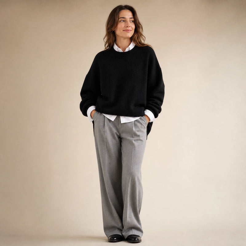 Camila | Women's Oversized Cashmere-Feel Crew-Neck Sweater in Black, view 1