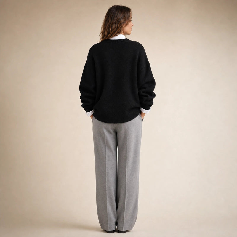 Camila | Women's Oversized Cashmere-Feel Crew-Neck Sweater in Black, view 2