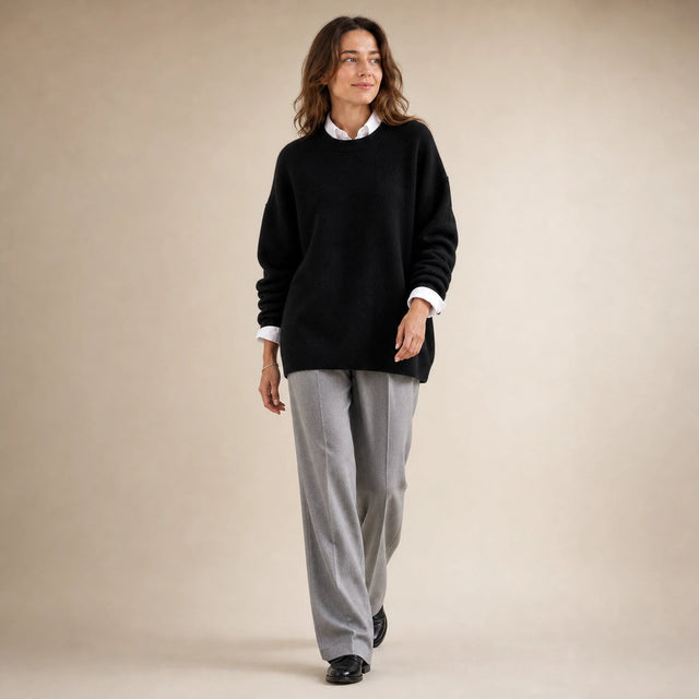 Camila | Women's Oversized Cashmere-Feel Crew-Neck Sweater in Black, view 3