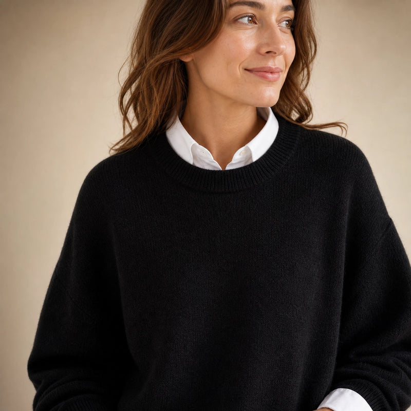 Camila | Women's Oversized Cashmere-Feel Crew-Neck Sweater in Black, view 4