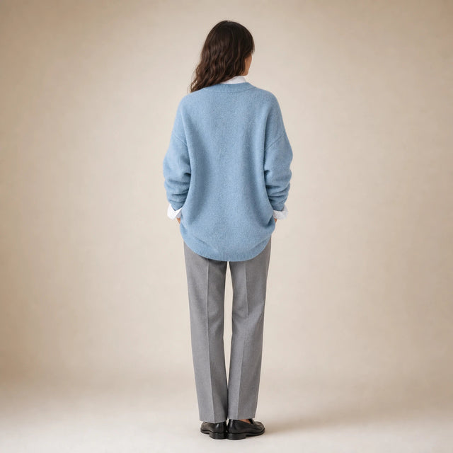 Camila | Women's Oversized Cashmere-Feel Crew-Neck Sweater in Blue, view 2