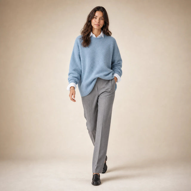 Camila | Women's Oversized Cashmere-Feel Crew-Neck Sweater in Blue, view 3