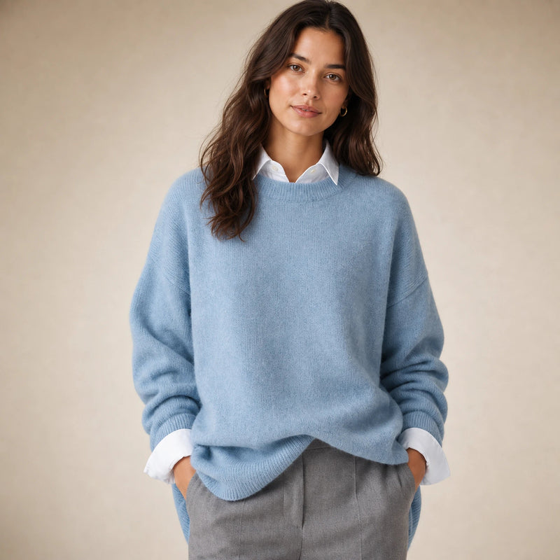 Camila | Women's Oversized Cashmere-Feel Crew-Neck Sweater in Blue, view 4