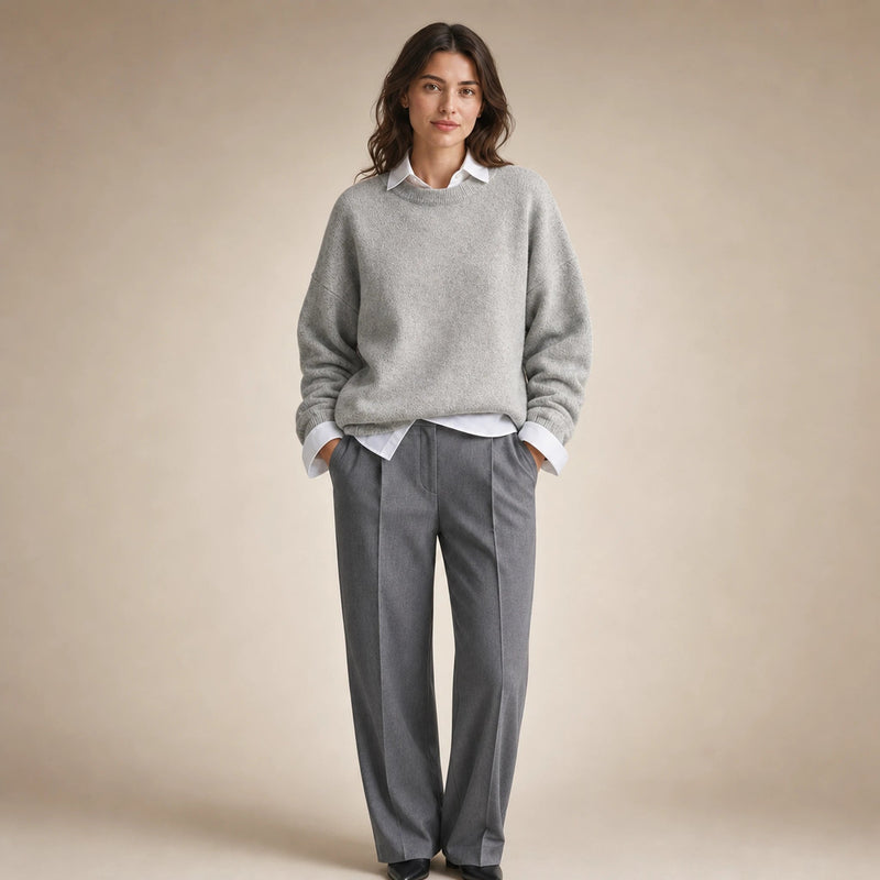 Camila | Women's Oversized Cashmere-Feel Crew-Neck Sweater in Gray, view 4