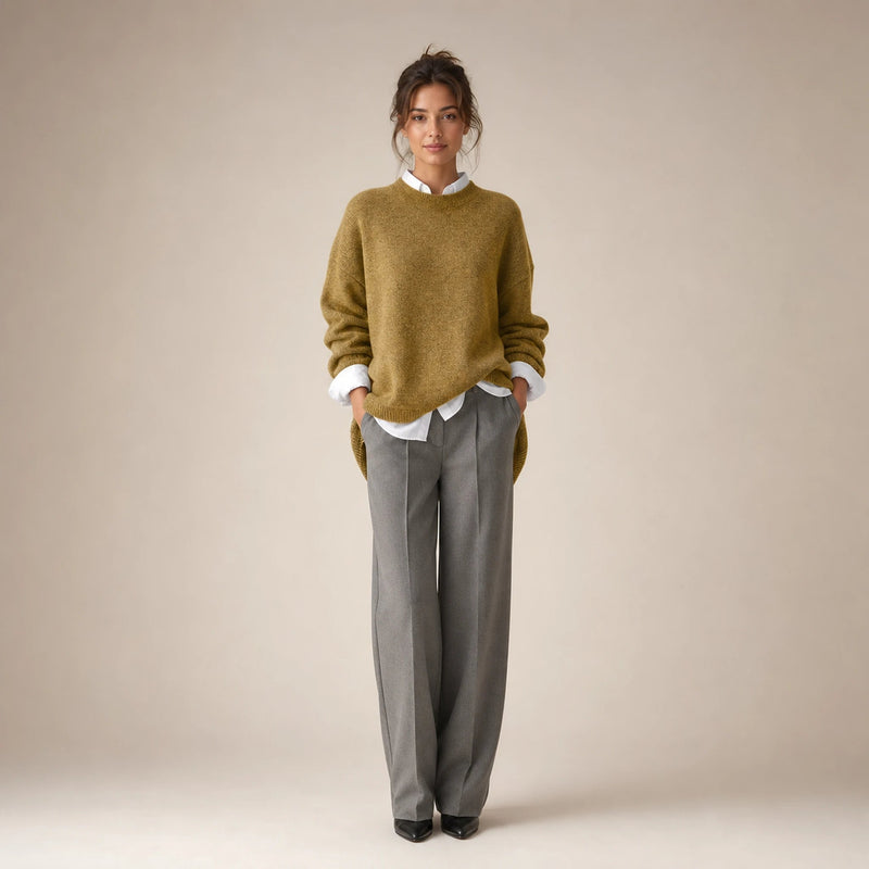 Camila | Women's Oversized Cashmere-Feel Crew-Neck Sweater in Khaki, view 1