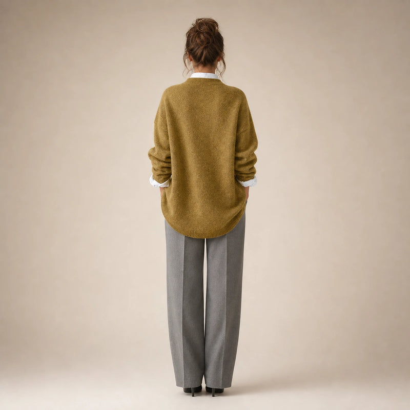 Camila | Women's Oversized Cashmere-Feel Crew-Neck Sweater in Khaki, view 2