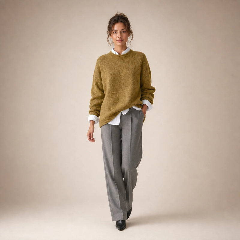 Camila | Women's Oversized Cashmere-Feel Crew-Neck Sweater in Khaki, view 3