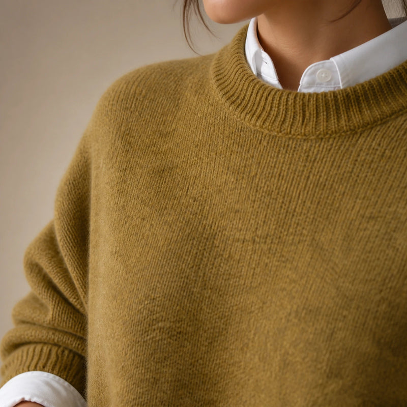 Camila | Women's Oversized Cashmere-Feel Crew-Neck Sweater in Khaki, view 4