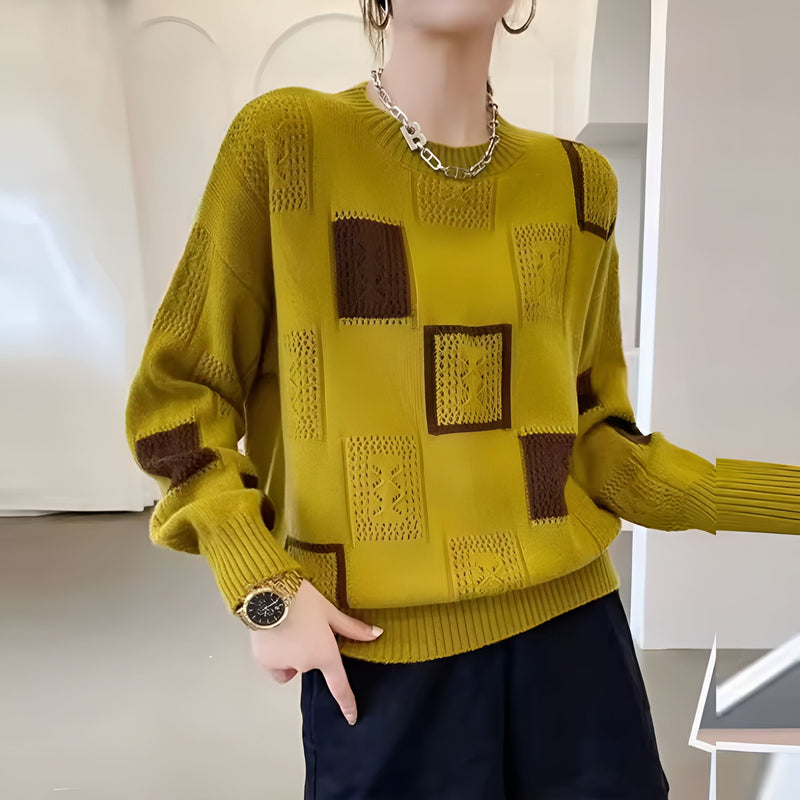 Strik Dame Geometrisk Patchwork, Rund Hals i Gul, produktbillede