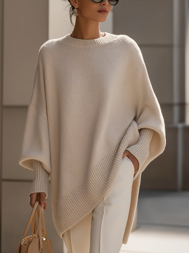 Strik Trøjer Dame Oversize Poncho, Ribbet Hals i Beige, produktbillede