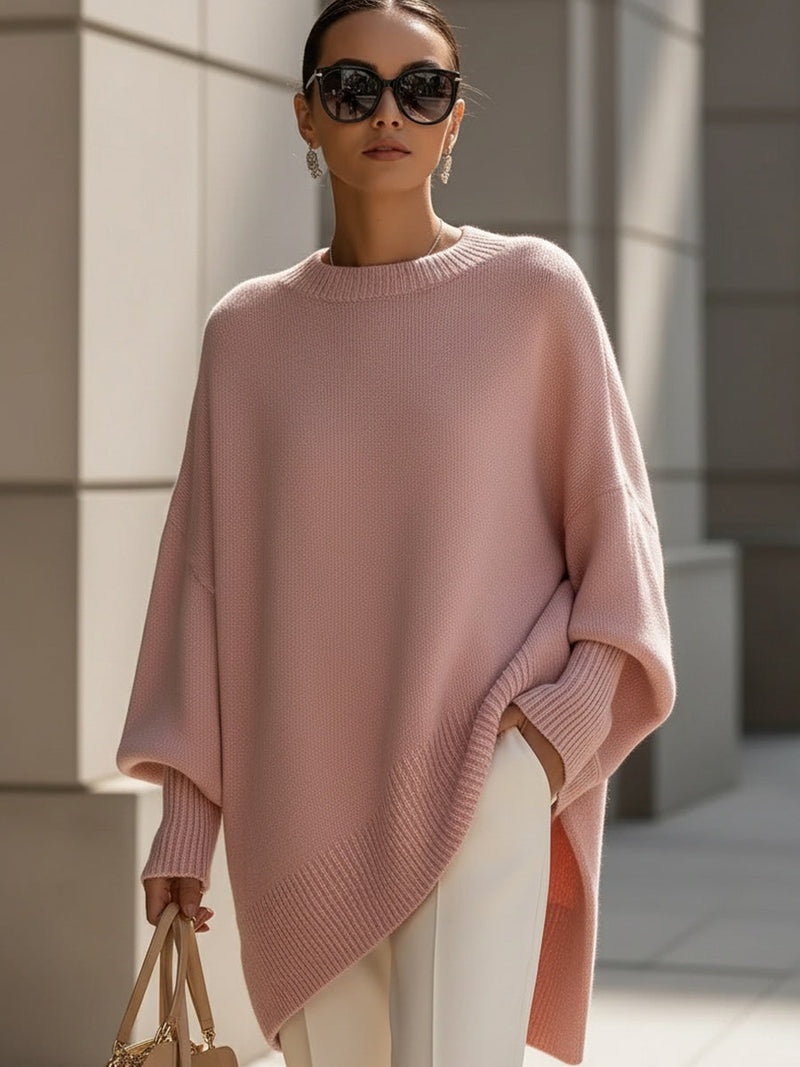 Strik Trøjer Dame Oversize Poncho, Ribbet Hals i Lys Rosa, produktbillede