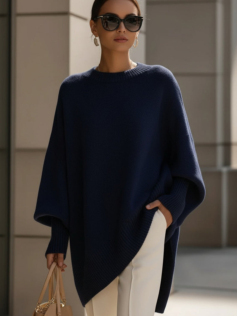 Strik Trøjer Dame Oversize Poncho, Ribbet Hals i Marineblå, produktbillede