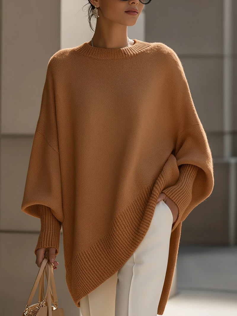 Strik Trøjer Dame Oversize Poncho, Ribbet Hals i Karamel, produktbillede