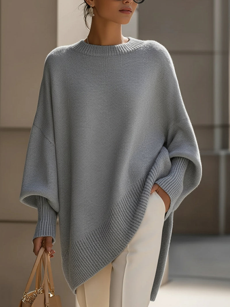 Strik Trøjer Dame Oversize Poncho, Ribbet Hals i Grå, produktbillede