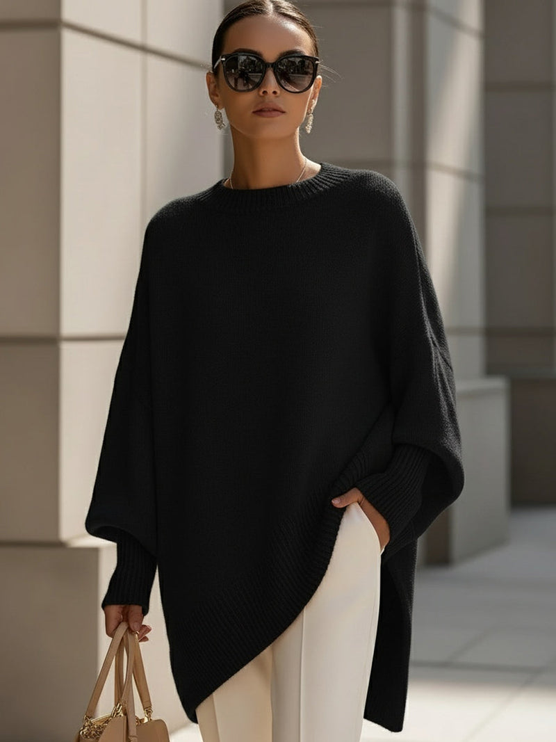 Strik Trøjer Dame Oversize Poncho, Ribbet Hals i Sort, produktbillede