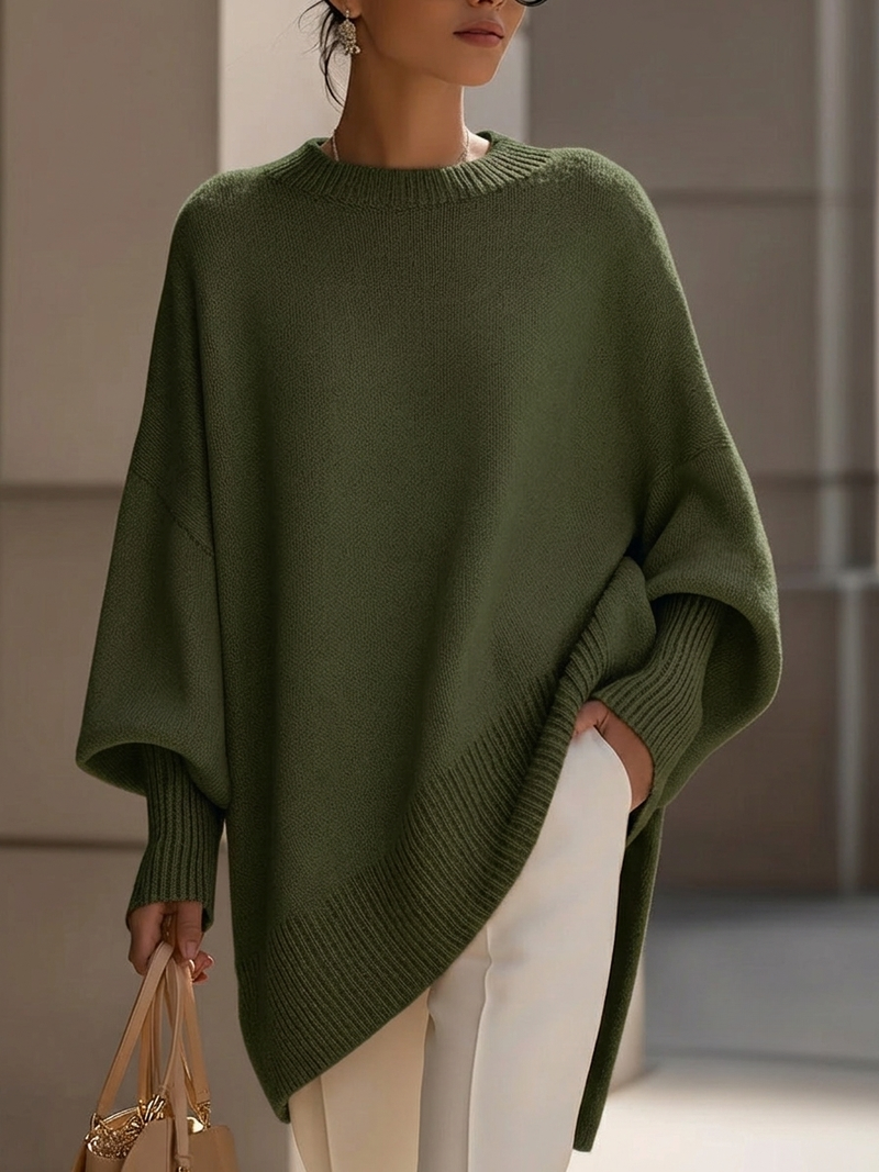 Strik Trøjer Dame Oversize Poncho, Ribbet Hals i Olivengrøn, produktbillede