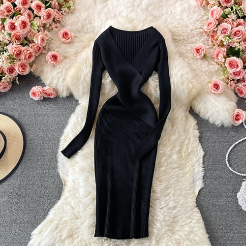Camille | Strikkjole i Ribstrik i Sort, flat lay
