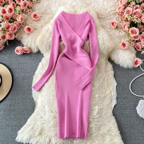 Camille | Strikkjole i Ribstrik i Rosa, flat lay