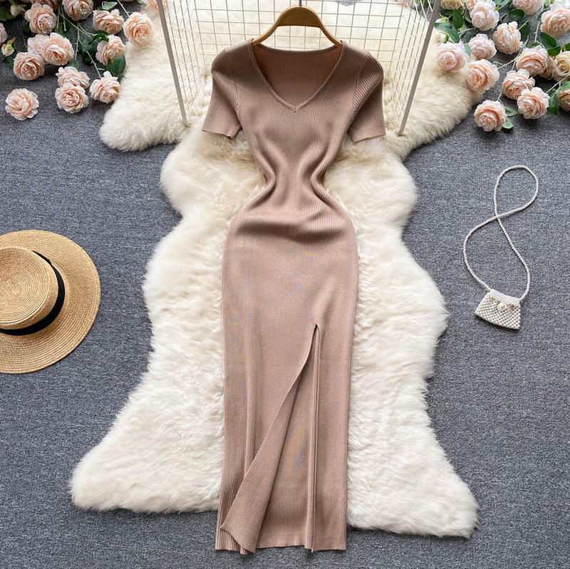 Camille | Ribstrikket maxikjole i Khaki, flat lay