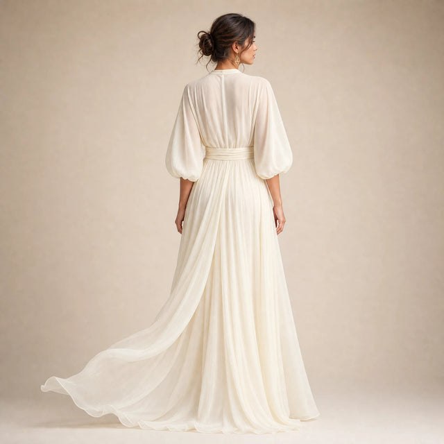 Chloe | Women's Ivory Chiffon Puff-Sleeve Maxi Dress in Ivory, view 2