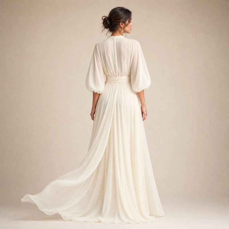 Chloe | Women's Ivory Chiffon Puff-Sleeve Maxi Dress in Ivory, view 2