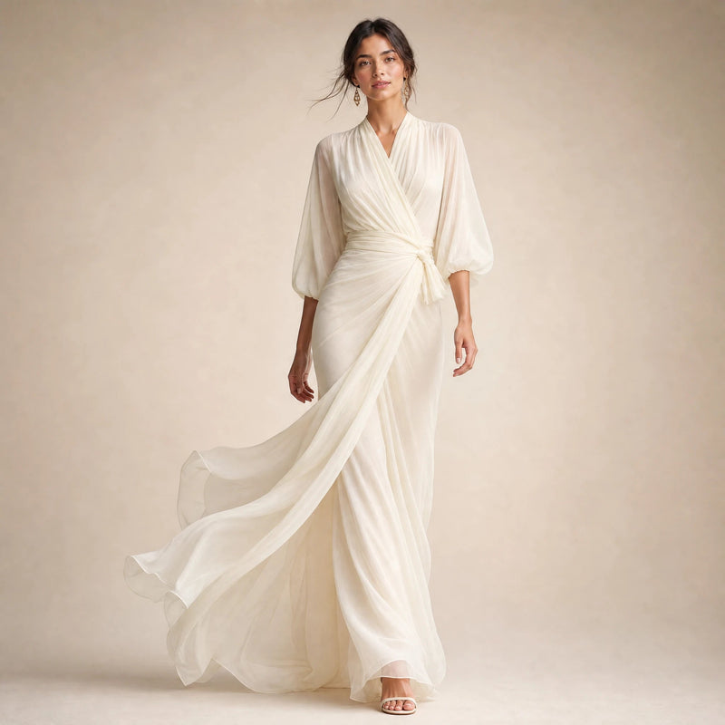 Chloe | Women's Ivory Chiffon Puff-Sleeve Maxi Dress in Ivory, view 3