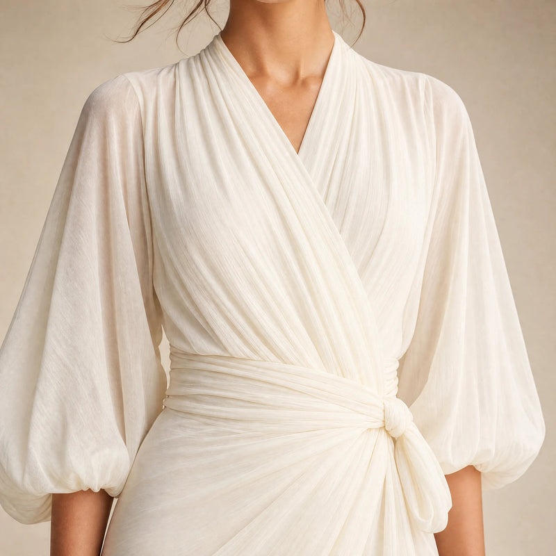 Chloe | Women's Ivory Chiffon Puff-Sleeve Maxi Dress in Ivory, view 4