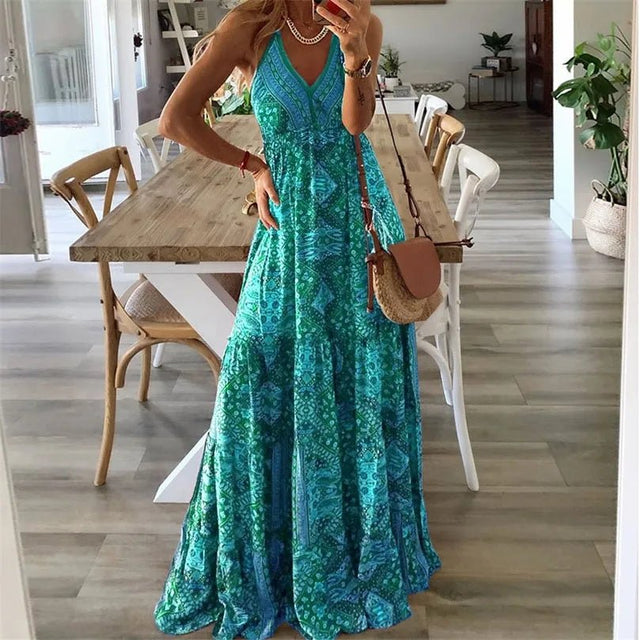 Clara | Boho maxikjole i Grøn, forfra