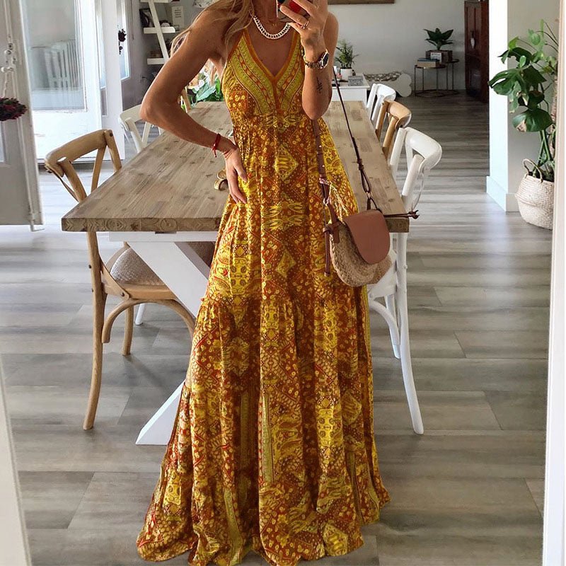 Clara | Boho maxikjole i Gul, forfra