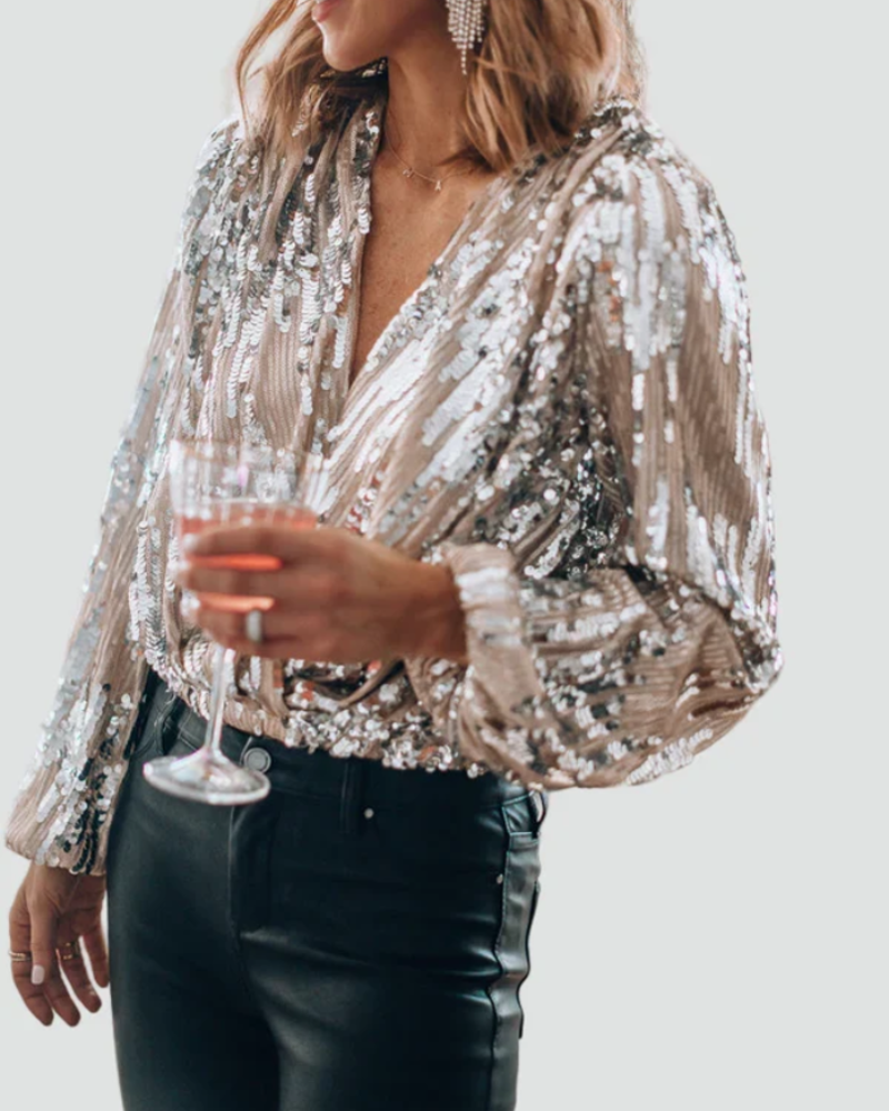 Delaney | Bluse med pailletter i Beige, nærbillede