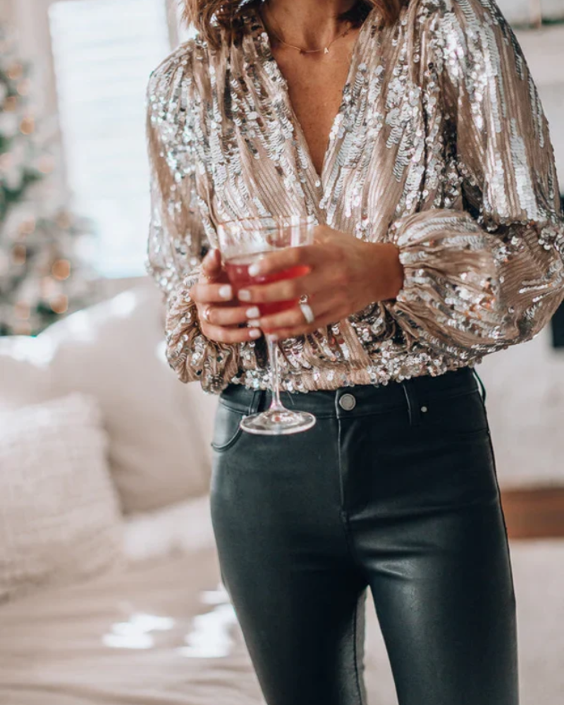 Delaney | Bluse med pailletter i Beige, fra siden