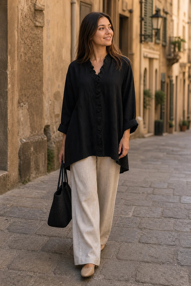Eliana | Hørlook Flæsebluse i Sort, gadelook