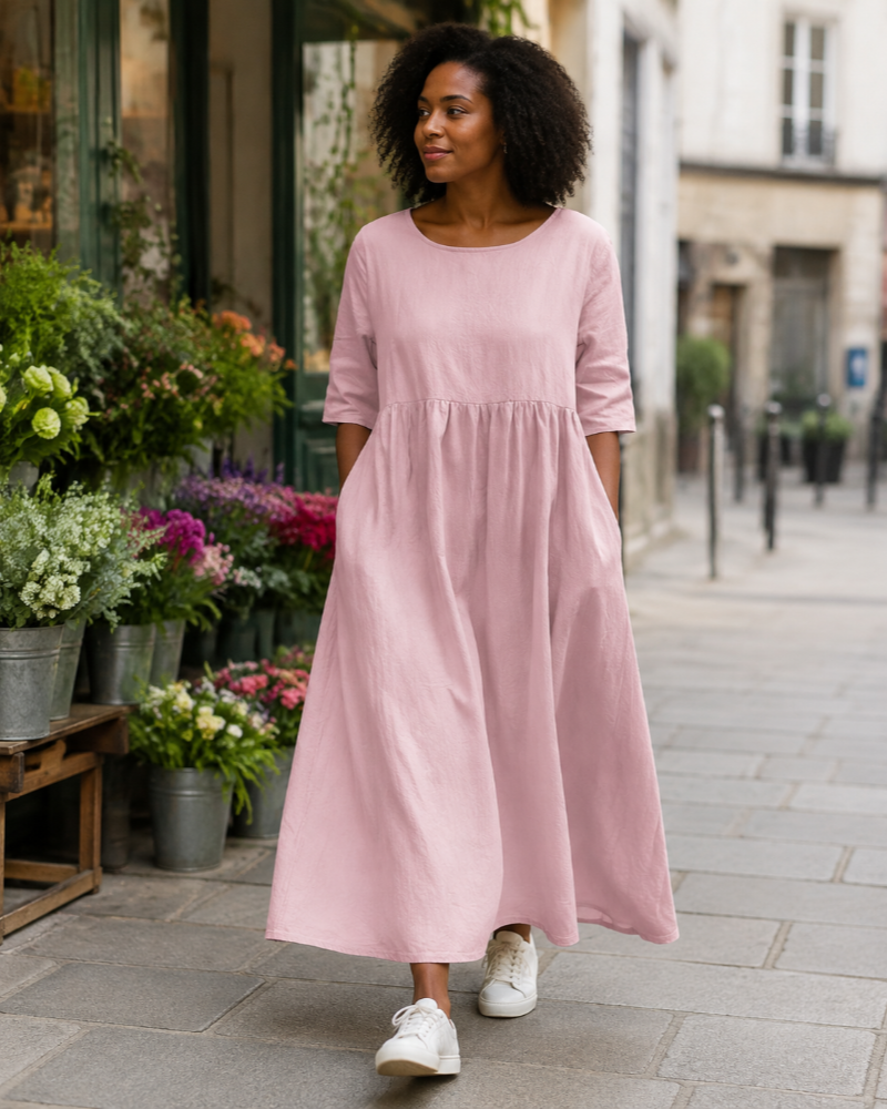 Elin | Midikjole med Lommer i Rosa, forfra