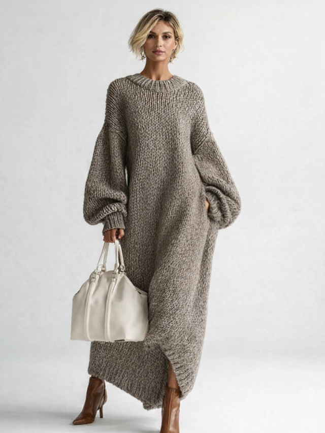 Strikkjoler Dame Oversize Grov Strik i Uld-look i Grå, produktbillede