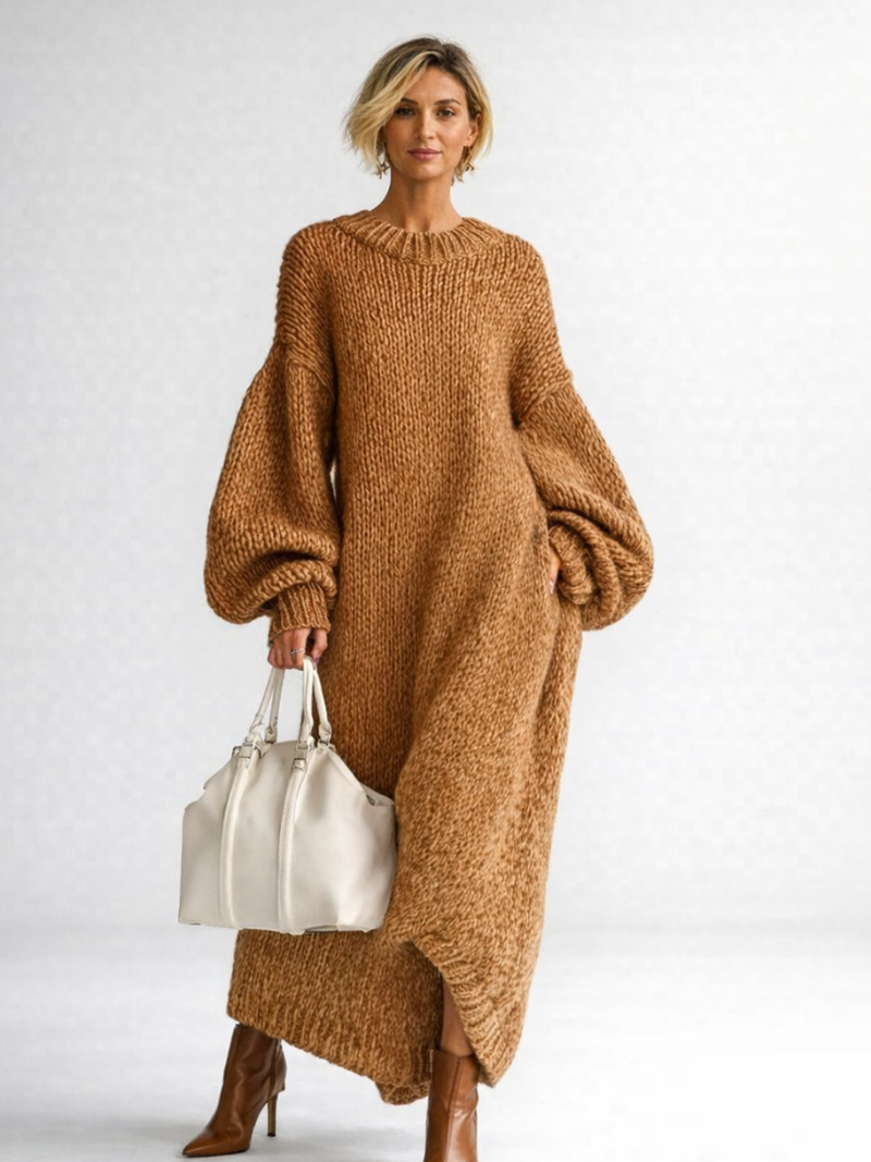 Strikkjoler Dame Oversize Grov Strik i Uld-look i Brun, produktbillede