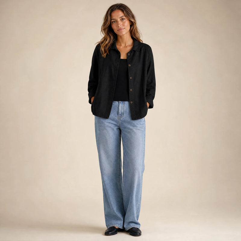Emilia | Women's Cotton-Like Button-Up Blouse in Black, view 1