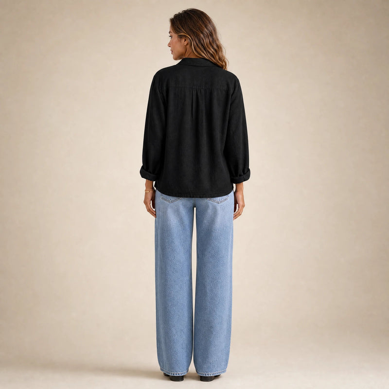 Emilia | Women's Cotton-Like Button-Up Blouse in Black, view 2