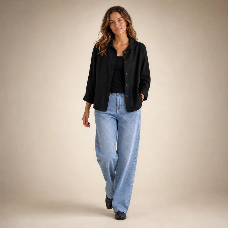 Emilia | Women's Cotton-Like Button-Up Blouse in Black, view 3