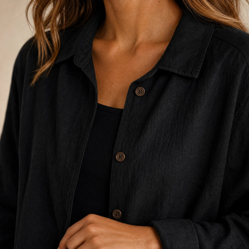 Emilia | Women's Cotton-Like Button-Up Blouse in Black, view 4
