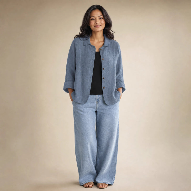 Emilia | Women's Cotton-Like Button-Up Blouse in Blue, view 1