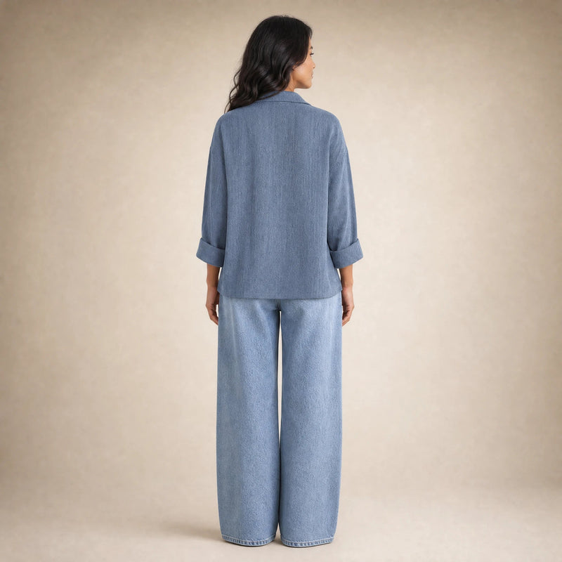 Emilia | Women's Cotton-Like Button-Up Blouse in Blue, view 2