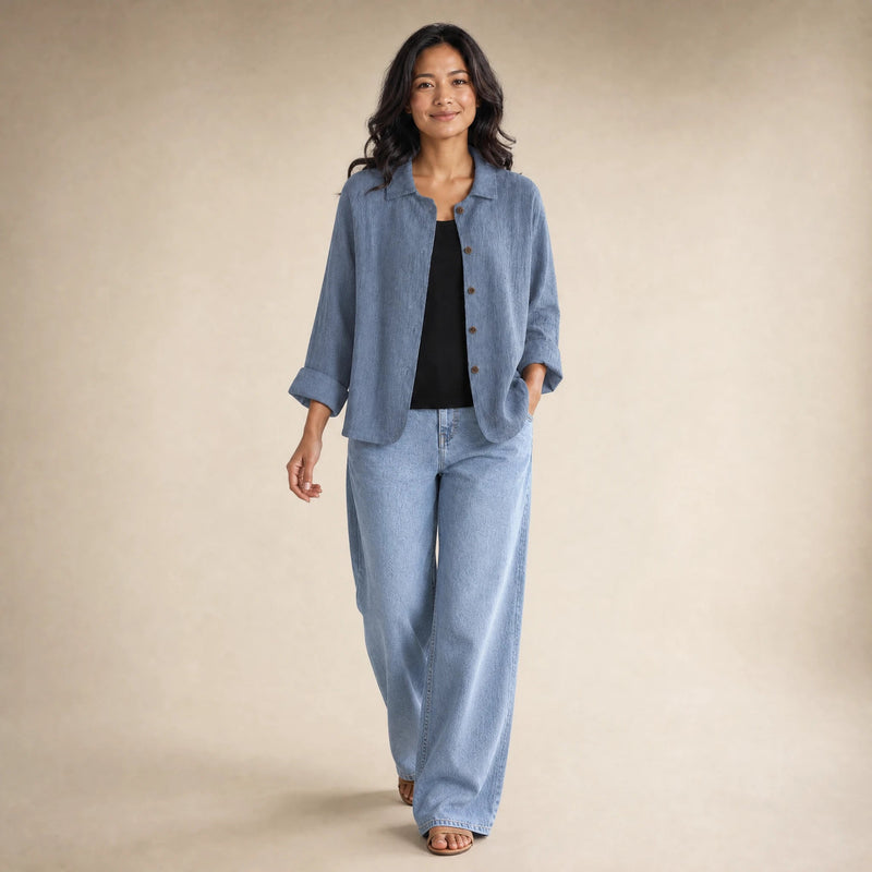 Emilia | Women's Cotton-Like Button-Up Blouse in Blue, view 3