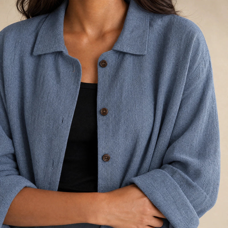 Emilia | Women's Cotton-Like Button-Up Blouse in Blue, view 4