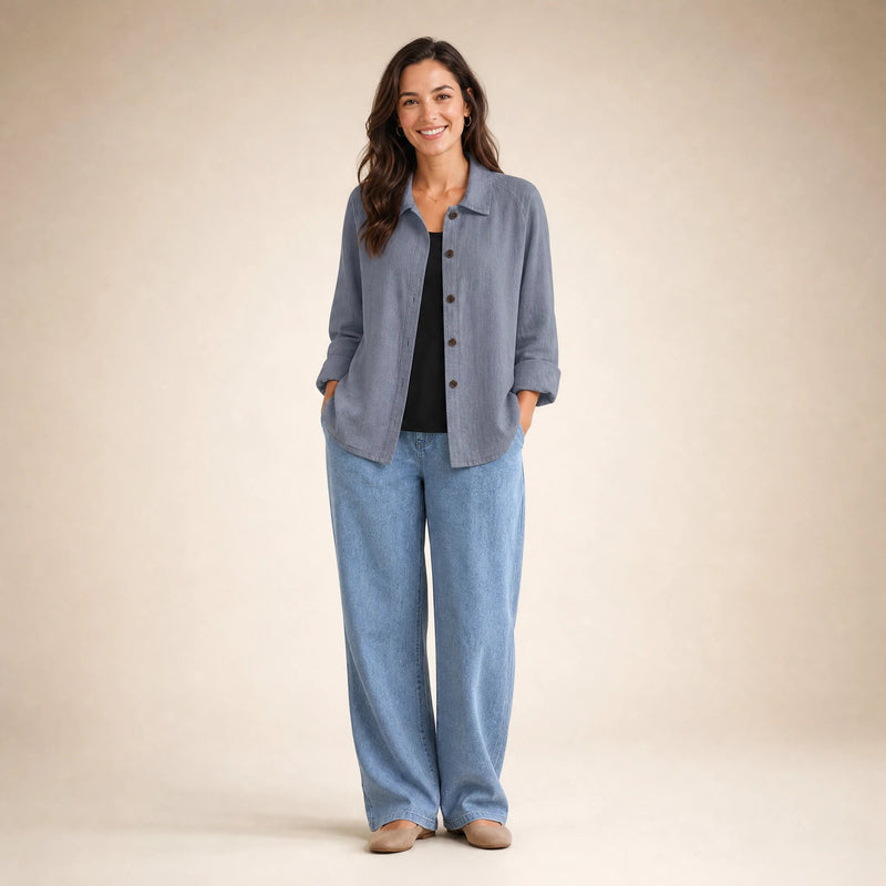 Emilia | Women's Cotton-Like Button-Up Blouse in Gray, view 1